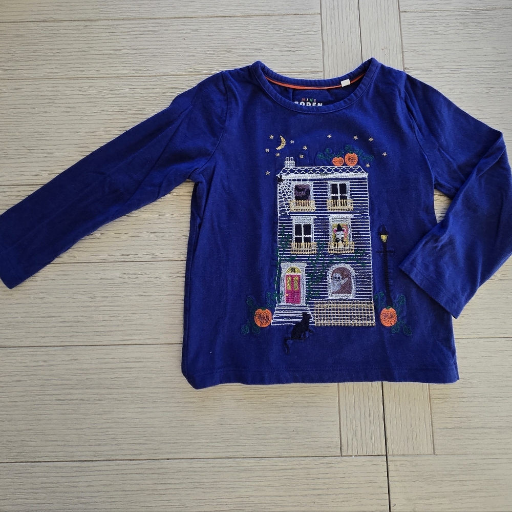 Mini Boden Superstitch T-Shirt-Starboard Blue Haunted House size 3-4Y Halloween